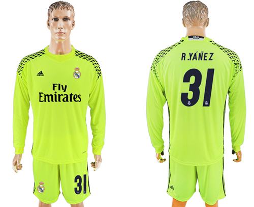 Real Madrid #31 R.Yanez Shiny Green Goalkeeper Long Sleeves Soccer Club Jersey - Click Image to Close
